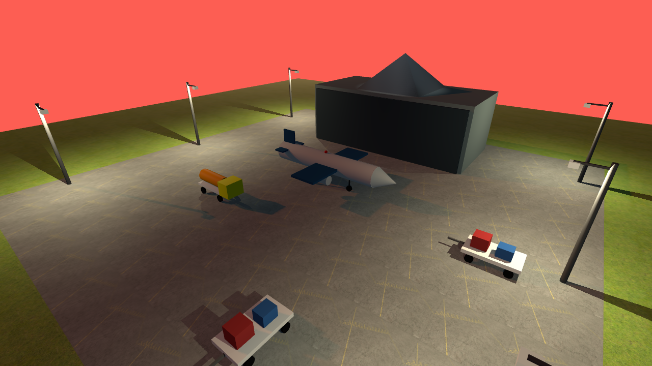 Three.js 3D airport scene with aircraft, hangar, fuel truck and light poles