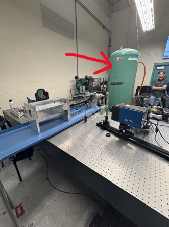 Full lab setup showing the supersonic wind tunnel test section, PCO camera, and air compressor in the background