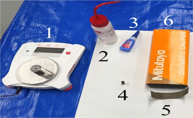 Experimental equipment used - (1) Mass Scale, (2) Acetone, (3) Cyanoacrylate Adhesive, (4) MBond 200 Adhesive