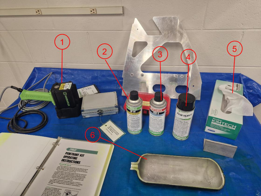 Liquid penetrant equipment: (1) &ndash; Ultraviolet light, (2) &ndash; Developer, (3) &ndash; Cleaner