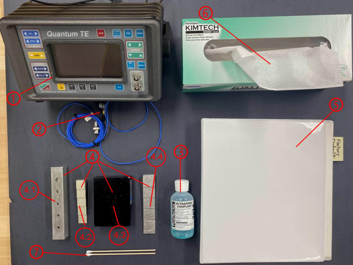 Ultrasonics equipment: (1) &ndash; Portable Ultrasonic Inspection Device, (2) &ndash; 5 MHz piezoelectric transducer, (3) &ndash; Ultrasonic couplant, (4) &ndash; Aluminum calibration block (SCB)
