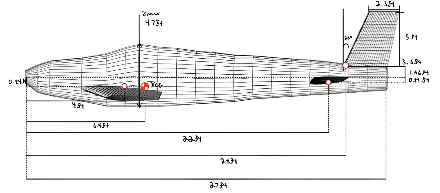 CAD side view of aircraft with dimensions
