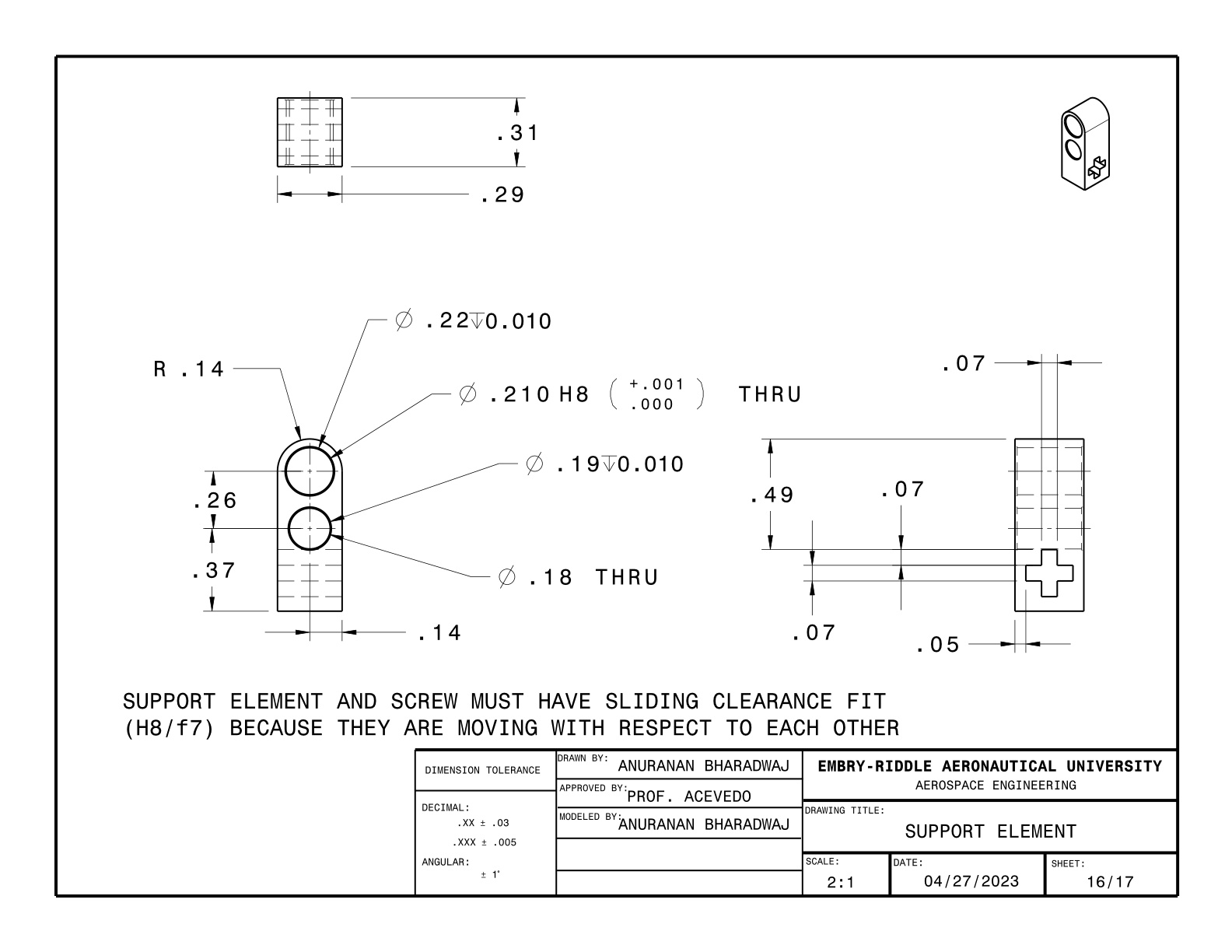 Support element detail drawing with tolerances — Sheet 16/17