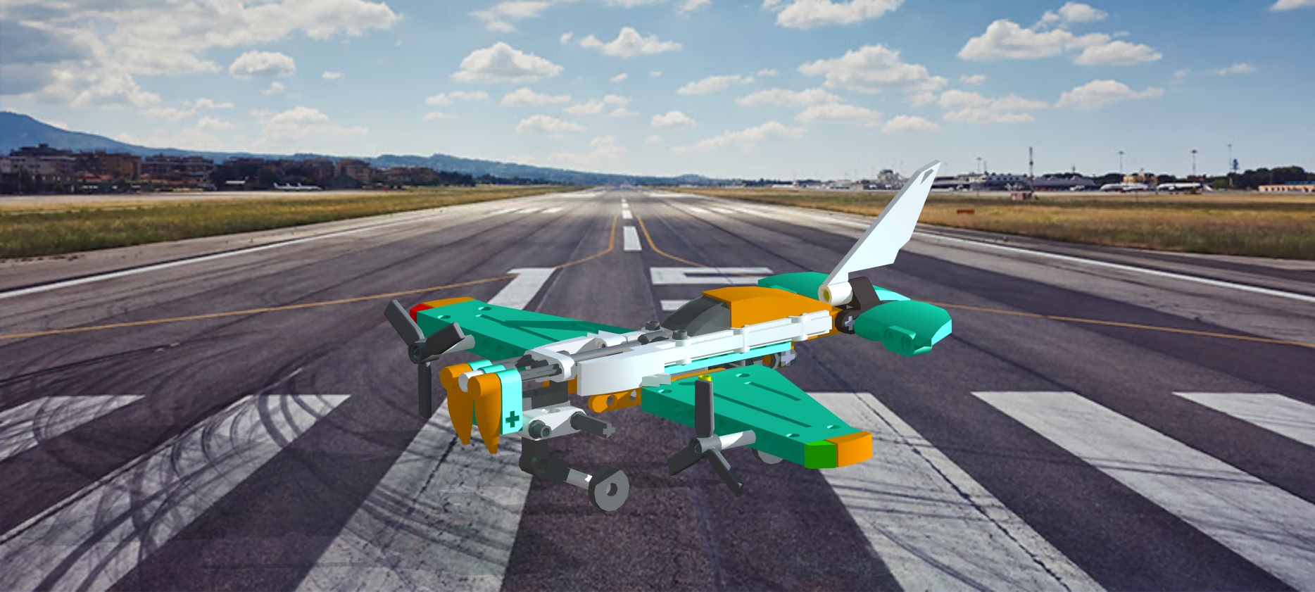 LEGO airplane design rendered on a runway