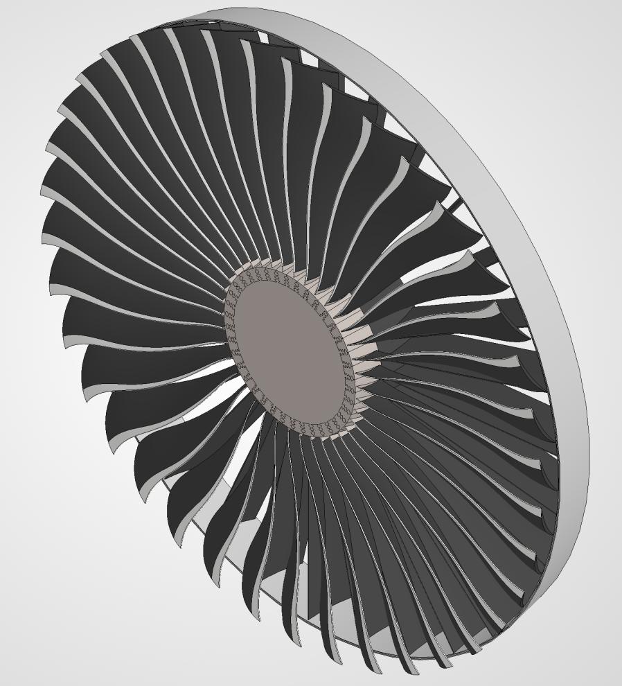 Fan CAD model front view showing 38 rotor blades