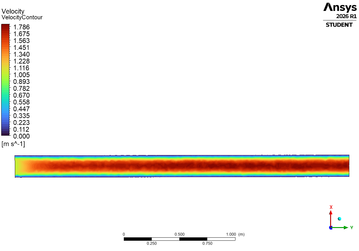 Velocity contour along a laminar pipe flow simulation in ANSYS Fluent